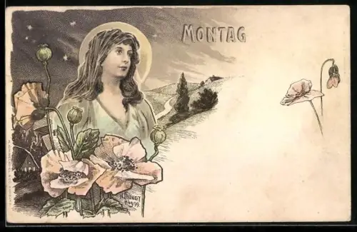 Künstler-AK sign. H. Fründt: Montag, Schöne Frau und Klatschmohn, Jugendstil