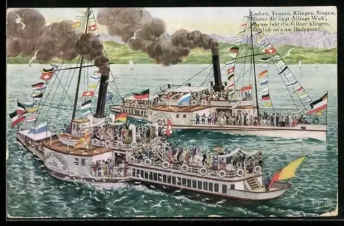 Künstler-AK A. Thiele: Dampfer Stadt Überlingen und München geschmückt auf dem Bodensee