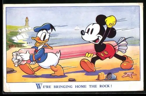 AK Comic, Donald Duck und Mickey Maus tragen langen Gegenstand vom Strand nach Hause
