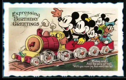 Künstler-AK Mickey Mouse und Donald Duck in einem kleinen Zug, Expressing Birthday Greetings