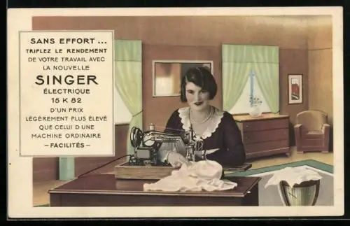 AK Sans Effort...Triplez le Rendement, la Nouvelle Singer Electrique, Reklame Nähmaschine