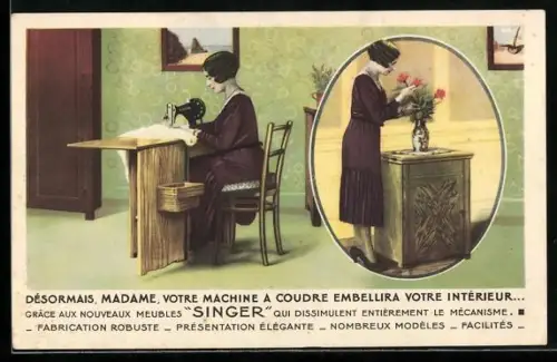AK Pau, Cie Singer, 15, Rue Serviez, Frau an der Nähmaschine und mit Blumenvase