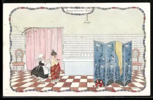 Künstler-AK Mela Köhler: Mädchen lässt sich nach dem Baden abtrocknen, Puppen