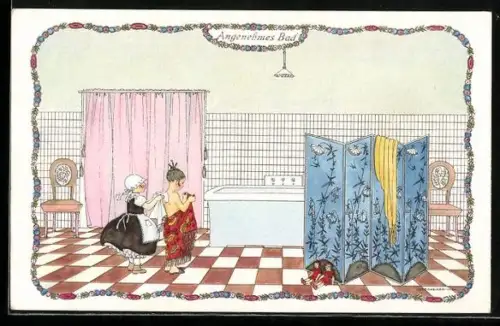 Künstler-AK Mela Köhler: Mädchen lässt sich nach dem Baden abtrocknen, Puppen