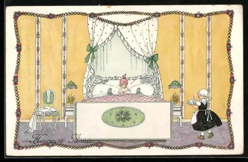Künstler-AK Mela Köhler: Guten Morgen, Dienstmagd bringt Frühstück ans Bett