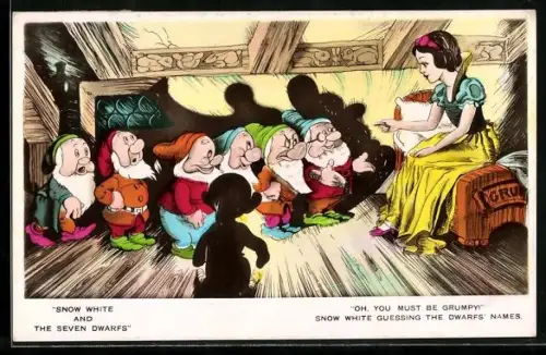 AK Walt Disney, Snow White and the Seven Dwarfs, Oh, you must be Grumpy!..., Schnweewittchen, Filmszene
