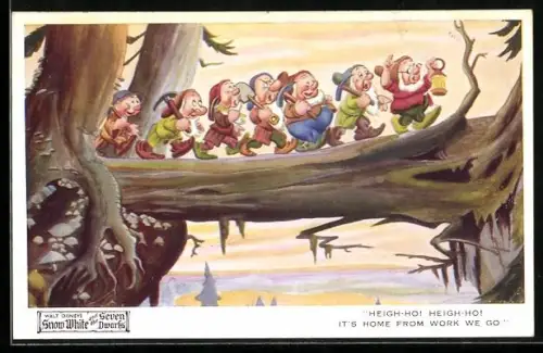 AK Walt Disney`s Snow White and the Seven Dwarfs, Heigh-ho! Heigh-ho!..., Schnweewittchen, Filmszene