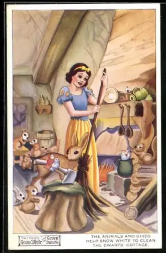 AK Walt Disney`s Snow White and the Seven Dwarfs, The animals and birds help..., Schnweewittchen, Filmszene