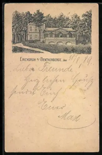 Vorläufer-Lithographie Erichsruh a. Bentherberge, 1889, Gasthaus am Waldrand