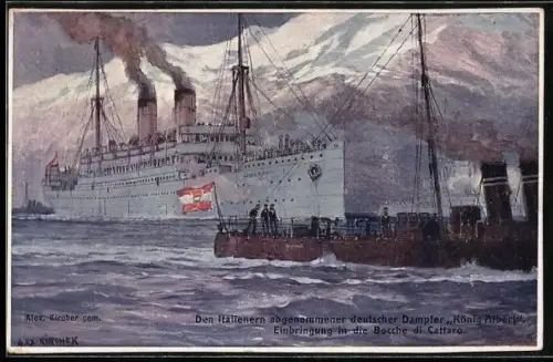 Künstler-AK Alexander Kircher, Rotes Kreuz Nr. 562: Gekaperter deutscher Dampfer König Albert wird zurückerobert