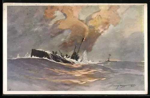 Künstler-AK Harry Heusser: Vernichtung des ital. U-Boots Nereide durch ein österreichisches U-Boot