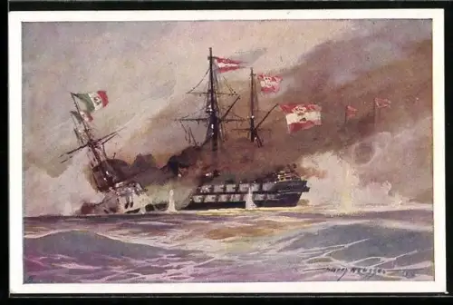 Künstler-AK Harry Heusser: Die Seeschlacht bei Lissa, Rammung des Ré di Portogallo durch SMS Kaiser