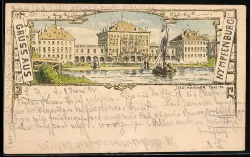 Vorläufer-Künstler-AK Eugen Felle: Nymphenburg, 1895, Ansicht vom Schloss mit davor liegendem Gewässer