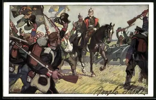 Künstler-AK Angelo Jank: König Wilhelm`s Ritt um Sedan am 2.9.1870, Autograph