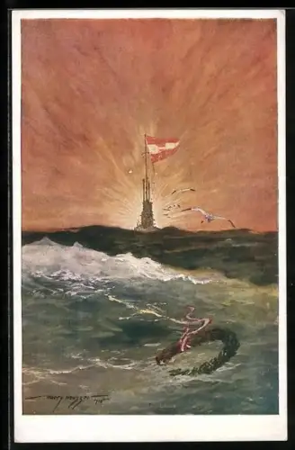 Künstler-AK Harry Heusser: Den Helden von U-Boot U 12, Österreichische Fahne am Mast von U 12