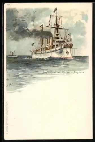 Künstler-Lithographie A. Heide: S. M. Kreuzer Kaiserin Augusta vom Ostasiengeschwader unter Dampf auf hoher See