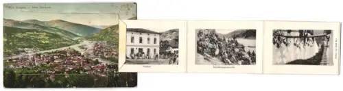 Leporello-AK Foca, Zentrale, Aladza Moschee, Postamt, Streifkorpspatrouille, Panorama mit Eisenbrücke