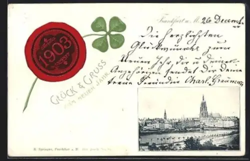 Relief-AK Frankfurt a. M., Mainpanorama, Siegel mit Kleeblatt und Jahreszahl 1903