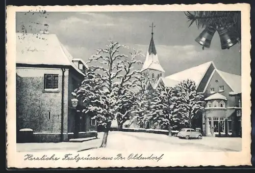 AK Preussisch Oldendorf, Verschneiter Kirchplatz mit Kirche und Gasthaus