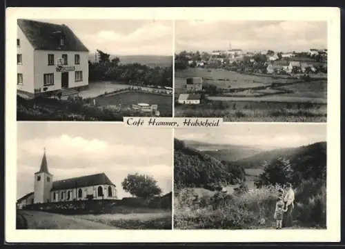 AK Habscheid, Café Hammer, Kirche, Vater mit seinen Kindern beim Sonntagsspaziergang