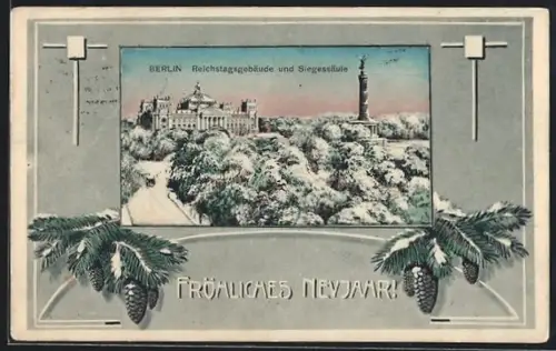 AK Berlin, Reichstagsgebäude, Siegessäule, Winteransicht