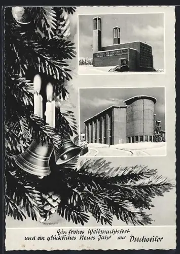 Passepartout-AK Dudweiler, Kirche & Gebäudeansicht im Schnee, Tannenbaum