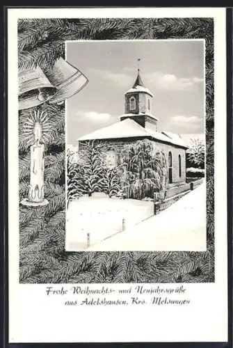 AK Adelshausen /Melsungen, Schneebedeckte Kirche mit Glocken im Passepartout