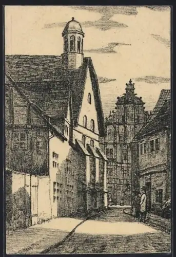 Künstler-AK sign. E. Prael: Hameln, Blick auf das Rattenfängerhaus mit Strassenpartie