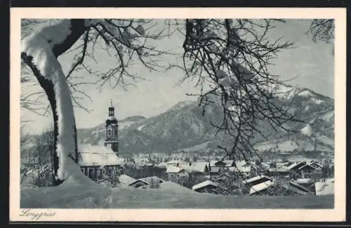 AK Lenggries, Winteransicht mit Kirche