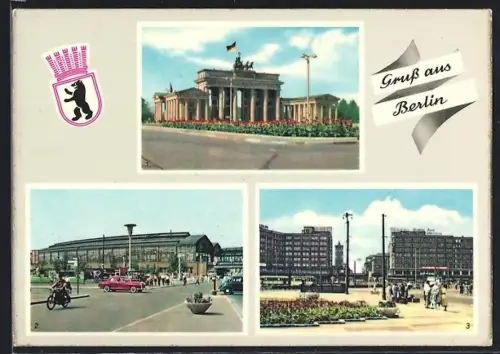 AK Berlin, Brandenburger Tor, Bahnhof Friedrichstrasse, Alexanderplatz