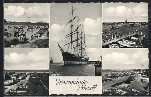 AK Travemünde-Priwall, Segelschiff Passat, Strand, Zonengrenze, Priwall-Fähre