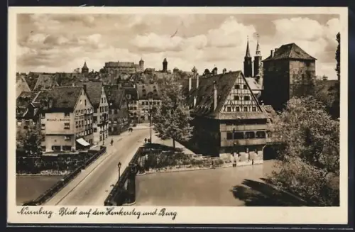 AK Nürnberg, Gasthaus zur Maxbrücke, Blick auf Henkersteg und Burg