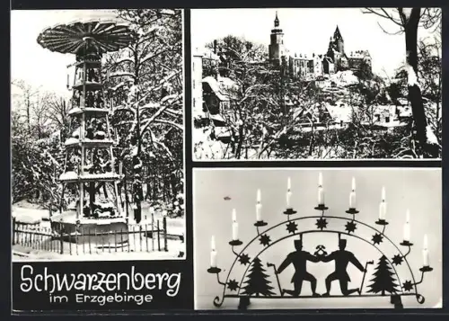AK Schwarzenberg im Erzgebirge, Weihnachtsmarkt-Pyramide, Schloss, Schwibbogen