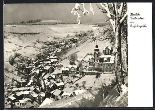 AK Lauscha, Winteransicht mit Kirche und verschneiten Häusern