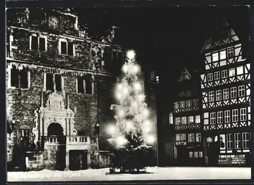 AK Hann. Münden, Weihnachtsbaum und Fachwerkhäuser