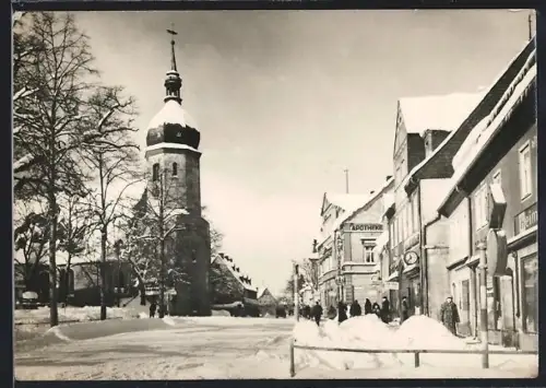 AK Olbernhau, Kirche, Apotheke, verschneite Hauptstrasse