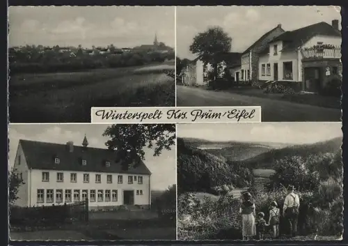 AK Winterspelt /Prüm, Ortsansicht, Gasthaus, Schule, Landschaft