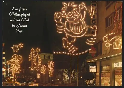 AK Essen, Kettwiger Strasse mit Johanneskirche, Weihnachtsbeleuchtung