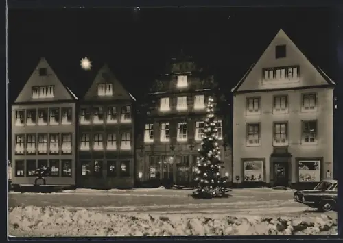 AK Bielefeld, Alter Markt, Weihnachtsbaum, Fachwerkhäuser bei Nacht