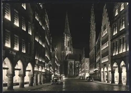AK Münster / Westfalen, Prinzipalmarkt bei Nacht, Lambertikirche