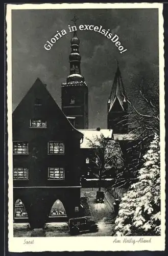 AK Soest, Am Heilig-Abend, verschneite Stadtansicht mit Kirche