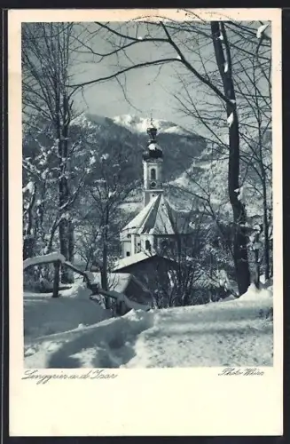 AK Lenggries a. d. Isar, Winteransicht mit Kirche