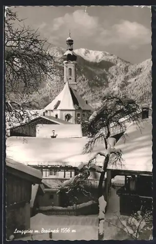 AK Lenggries, Blick auf Kirche und Brauneck im Winter