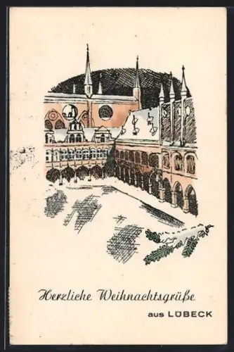 AK Lübeck, Rathaus und Marienkirche im Winter