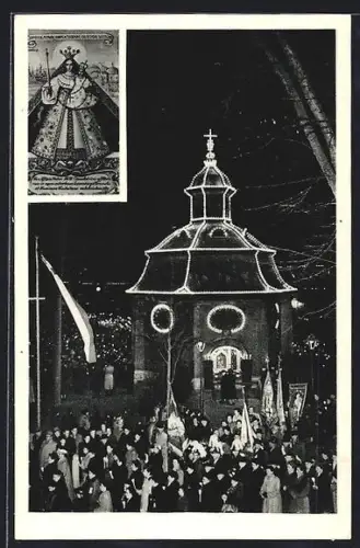 AK Kevelaer, Gnadenkapelle bei Nacht, Pilgerprozession, Abbildung Maria mit Kind