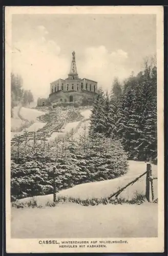 AK Cassel, Winterzauber auf Wilhelmshöhe, Herkules mit Kaskaden