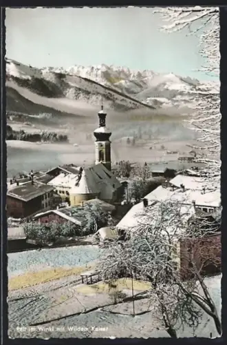 AK Reit im Winkl, Ortsansicht mit Kirche und Wildem Kaiser