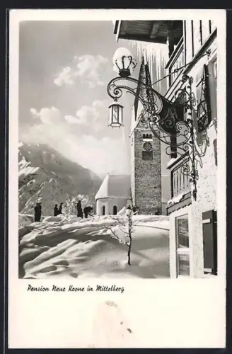 AK Mittelberg / Allgäu, Pension Neue Krone, Winterlandschaft, Kirche