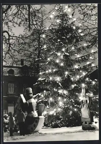 AK Olbernhau, Weihnachtsbaum, Figuren, Winterabend