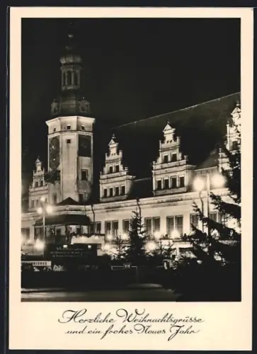 AK Leipzig, Altes Rathaus bei Nacht, Weihnachtsbeleuchtung